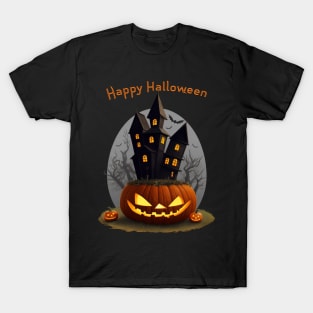 Hunted mansion on a huge Halloween pumpkin T-Shirt